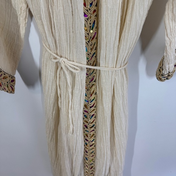 Vintage Ethiopian Cream Boho Maxi Dress Beaded Sequin Embroidered Ethnic - Picture 4 of 15